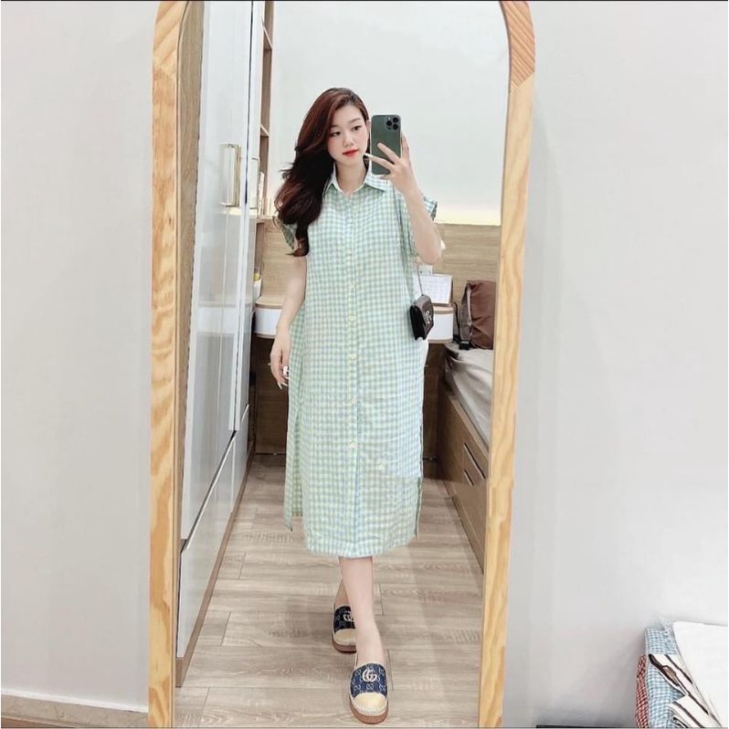 Đầm caro dáng suông có kèm belt cùng màu xinh xắn vnxk