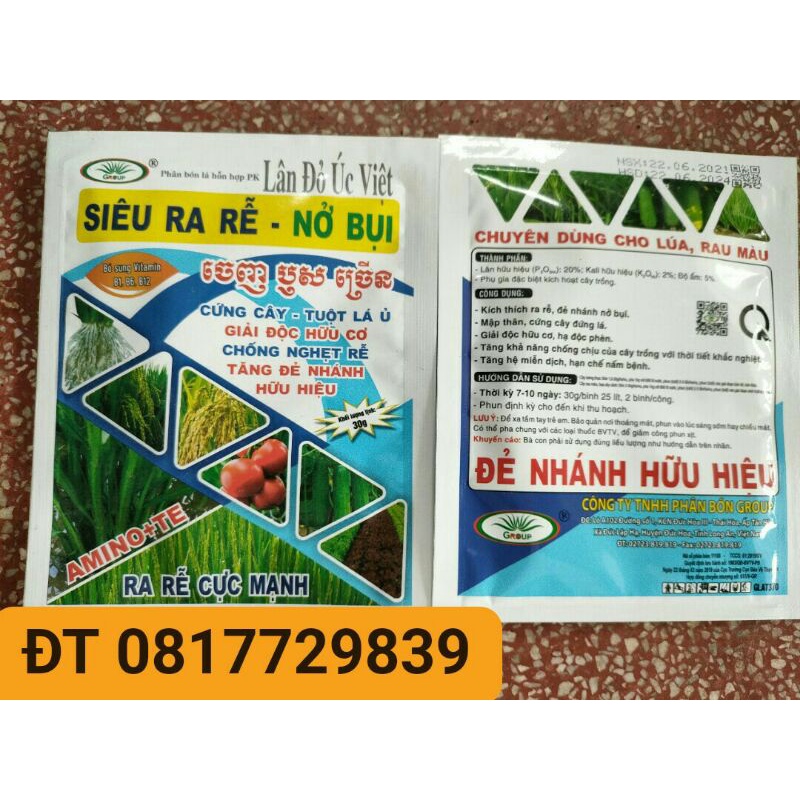 Phân bón lá siêu ra rễ nở bụi gói 30gr chuyên dùng cho lúa rau màu hoa lan hoa mai cây cảnh.