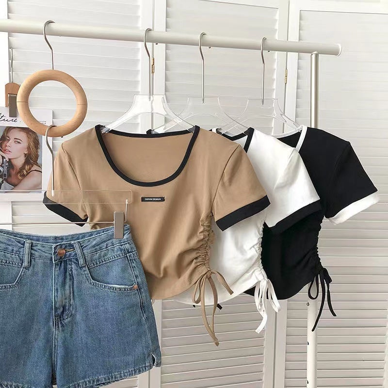 Áo Thun Dáng Ôm Hở Vai Phối Dây Rút Thời Trang Mùa Hè Cho Nữ