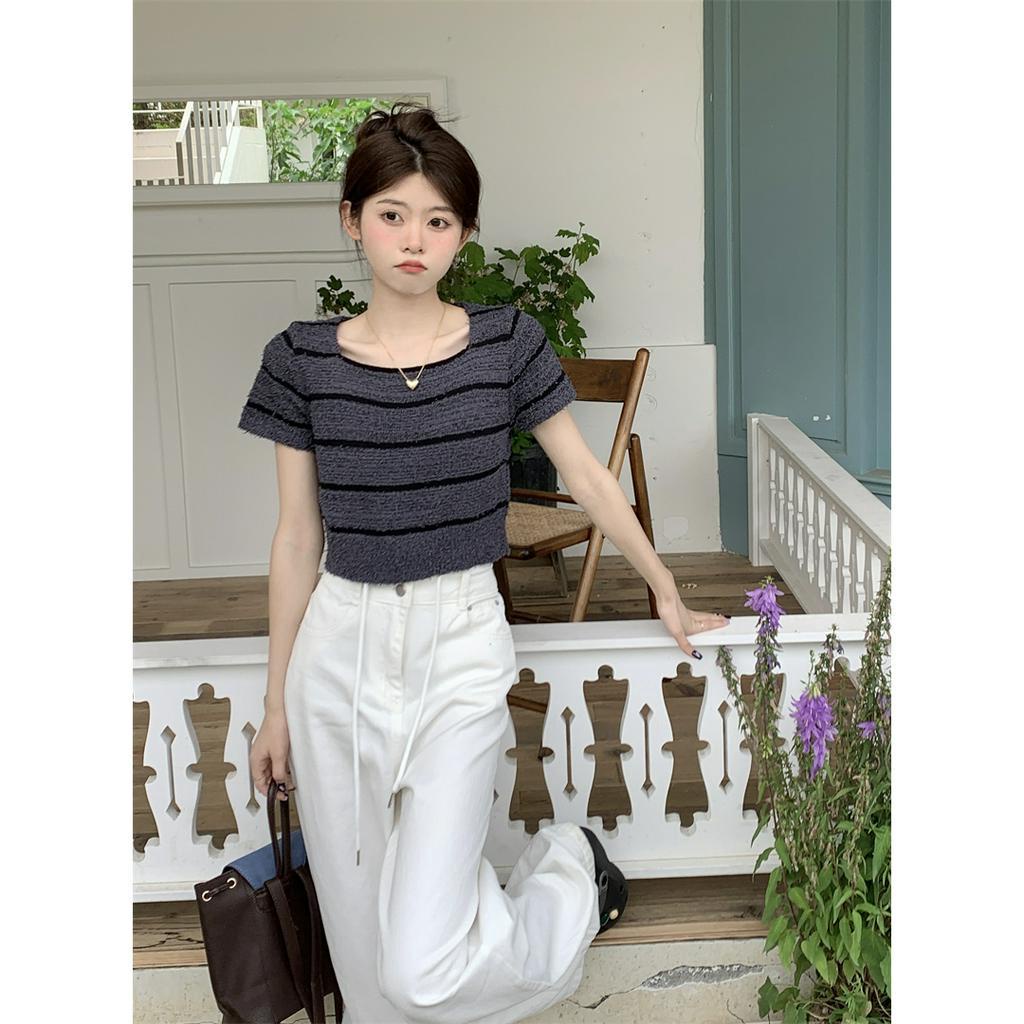 Mới Áo Croptop Dệt Kim Tay Ngắn Cổ Vuông Hoạ Tiết Kẻ Sọc Phong Cách Vintage