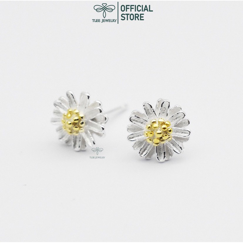 Khuyên tai bạc nữ Tlee, Bông tai hoa cúc nhiều cánh nhị xi vàng 14kara- TleeJewelry