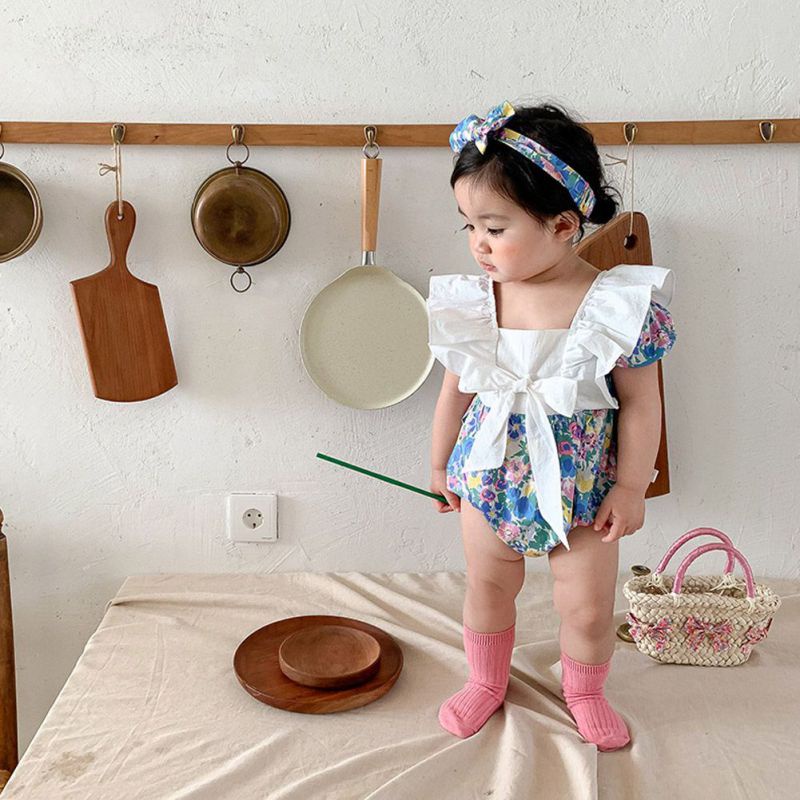 Bộ Áo Liền Quần Cổ Vuông Tay Lỡ In Hoa Xinh Xắn Cho Bé Gái