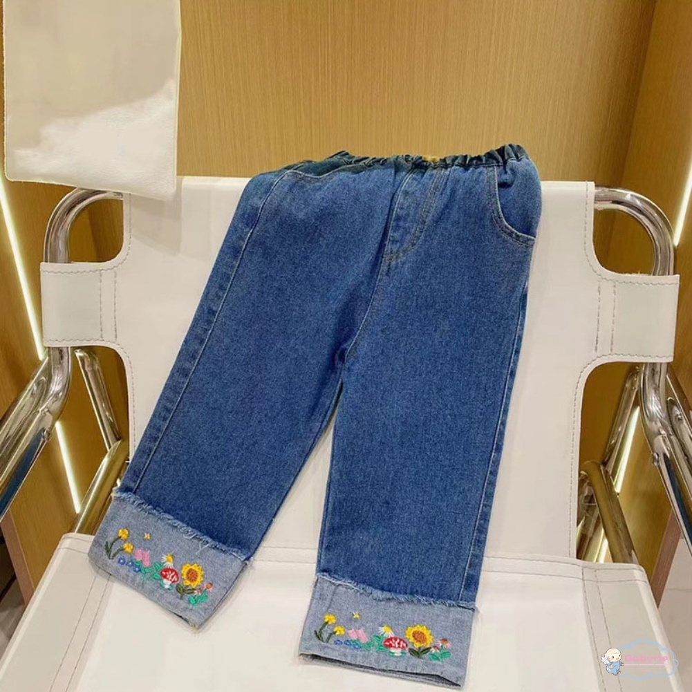 Quần Jean Dài Thêu Họa Tiết Kiểu Hàn Quốc Thiết Kế Thoải Mái Cho Bé Gái