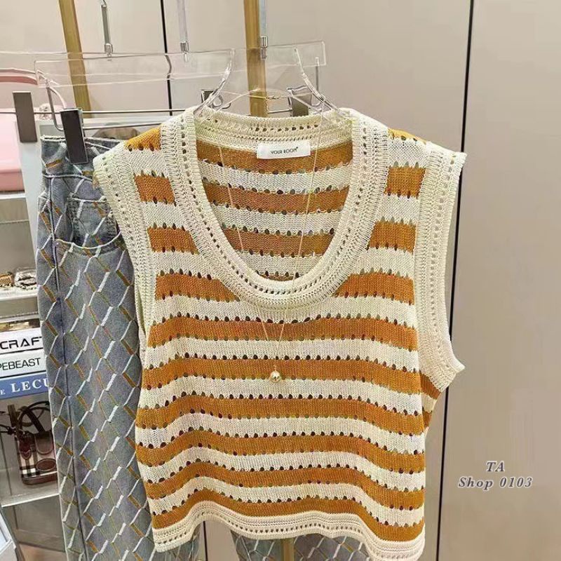 Áo len lưới kẻ viền hàng QC