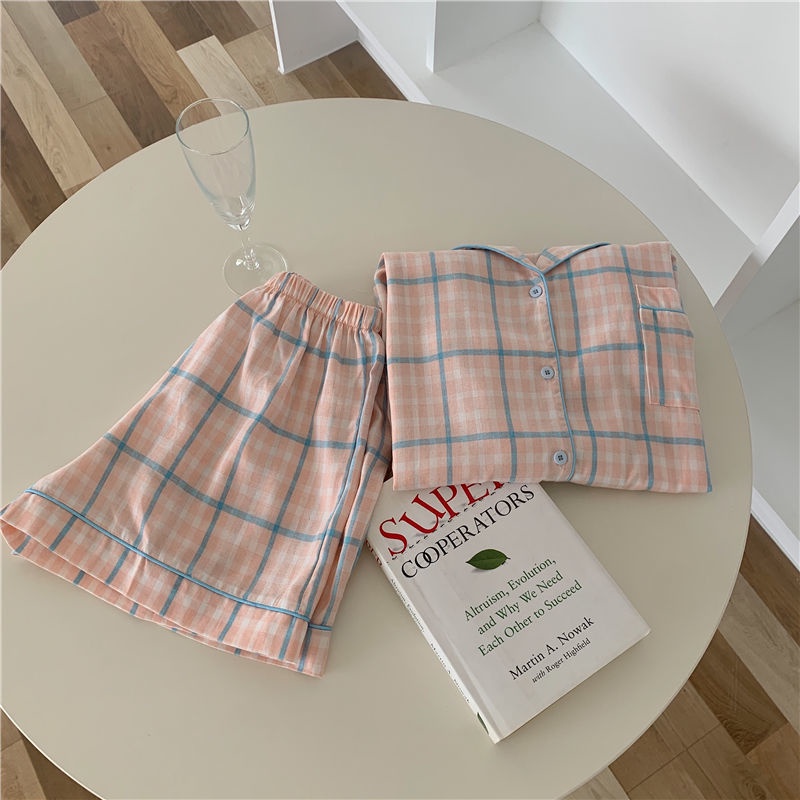 Bộ Đồ Ngủ Ngắn Tay Hoa Văn Kẻ Ô Thời Trang Mùa Hè Dành Cho Nữ