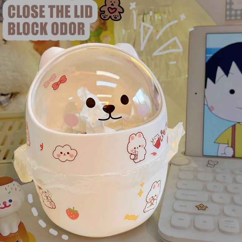 HMD0025 Thùng rác mini để bàn 🔥FREESHIP🔥 Thùng rác gấu có nắp dễ thương tặng sticker – Hộp đựng bút đa năng