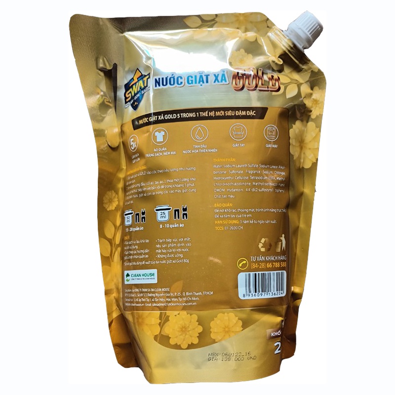 NƯỚC GIẶT XẢ SWAT 5 IN 1 GOLD - HƯƠNG HOA THIÊN NHIÊN, PLUS KHỬ MÙI HÔI (TÚI 2,2KG)