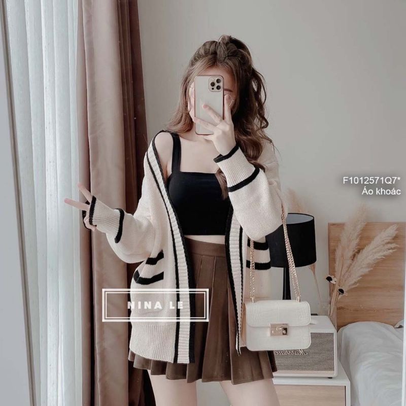 Áo khoác len cardigan phối viền có túi dáng dài hàng QC!1012