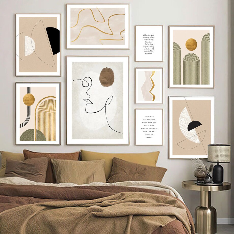 （Khung tranh gỗ rắn）Hiện đại trừu tượng dòng hình học phụ nữ cong Bắc Âu Áp phích nghệ thuật treo tường In canvas Tranh treo tường Hình ảnh cho phòng khách Trang trí nội thất