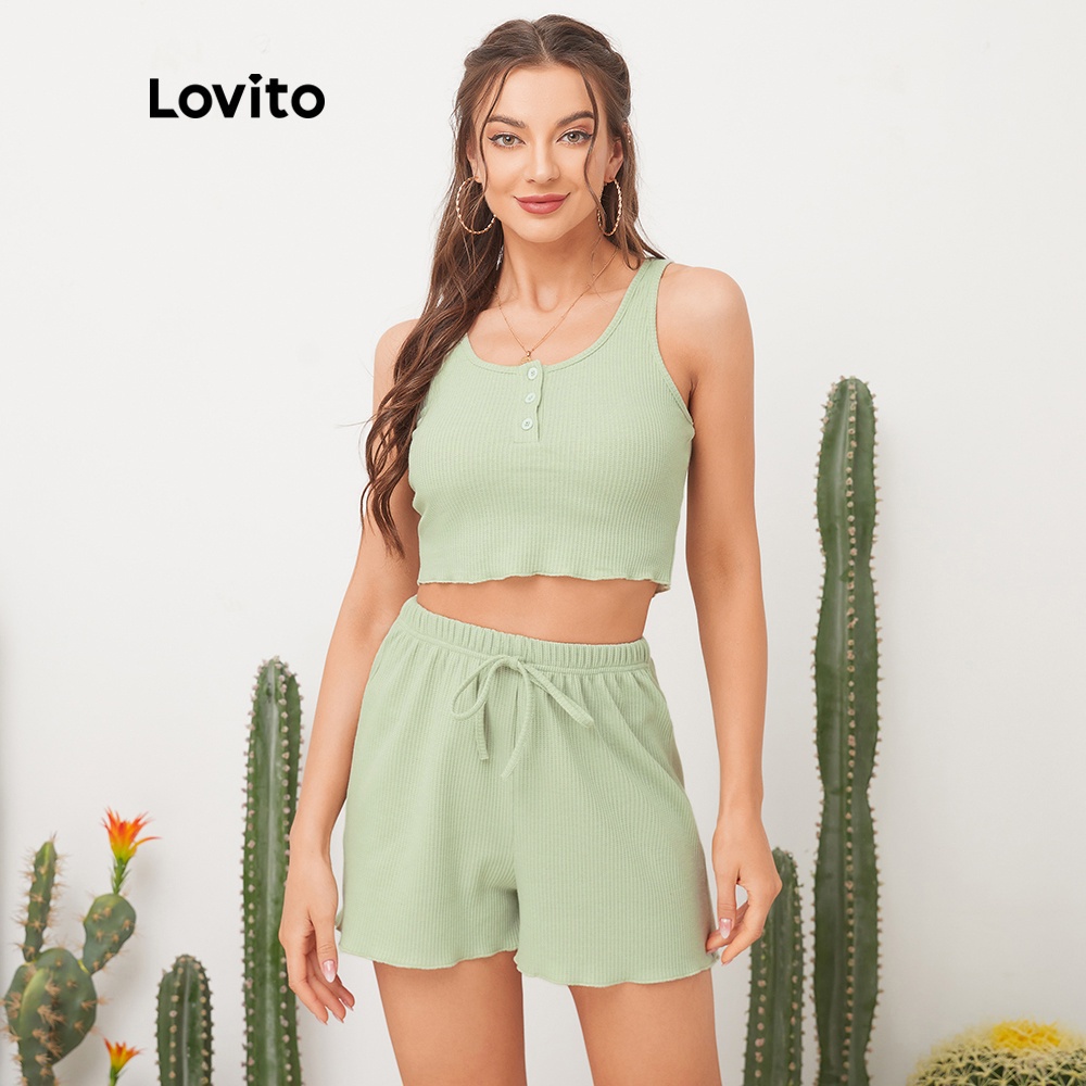 Set đồ ngắn dây rút LOVITO L11D11 màu xanh lá cây xinh xắn