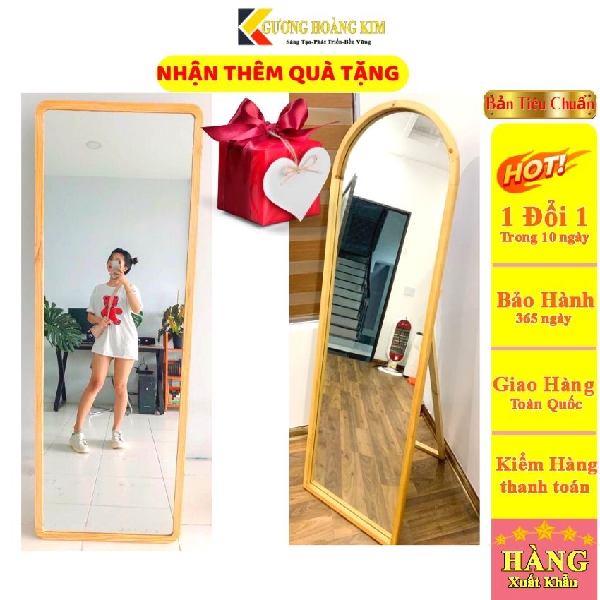 Gương toàn thân khung gỗ có chân di động dựa tường treo tường giá rẻ kích thước 50x160, 60x170 cm - guonghoangkim mirror