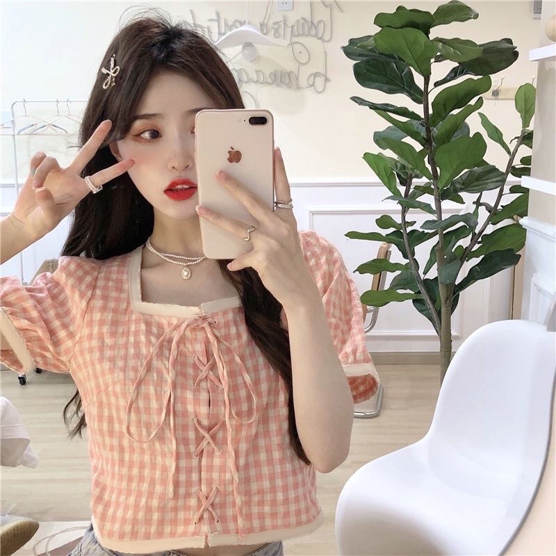 Áo Croptop cổ vuông tay ngắn phong cách Hàn Quốc mã QD097