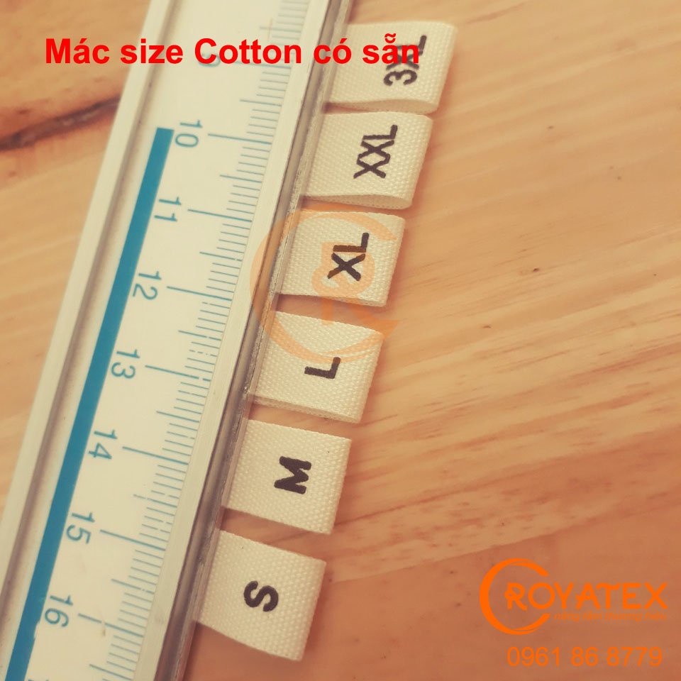 50c Mác size in chất liệu cotton, mác in sẵn size tiêu chuẩn S M L XL 2XL 3XL, in rõ sáng đẹp