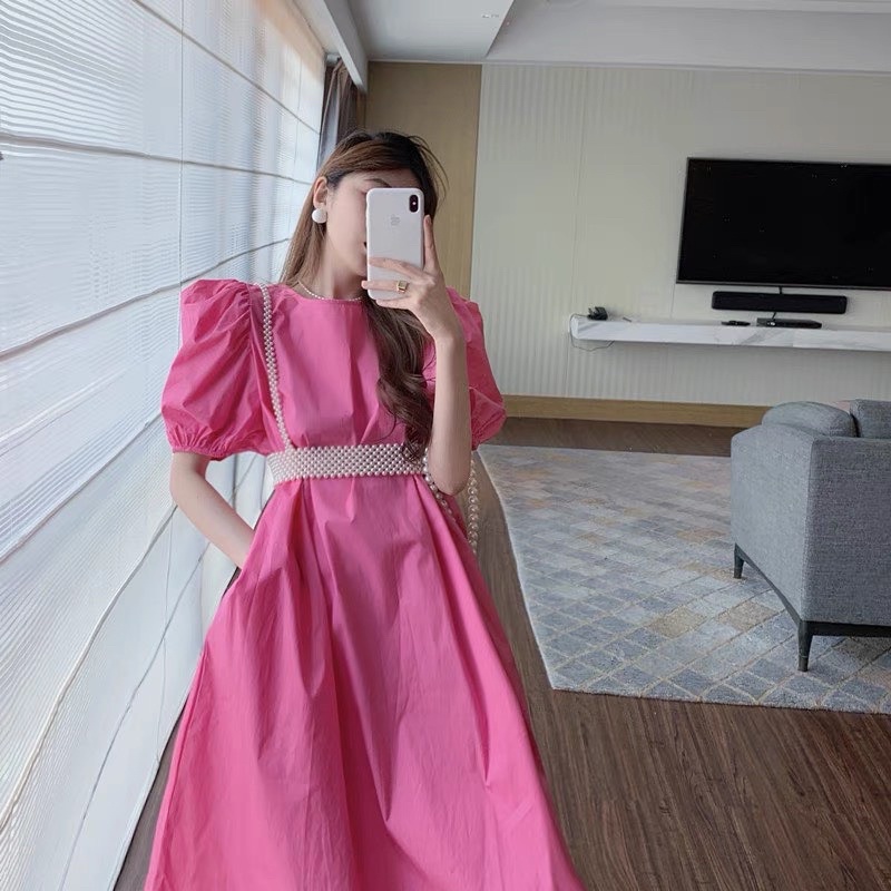 SET ĐẦM BABYDOLL DÀI KÈM DÂY NGỌC CÓ CO GIÃN - MÀU HỒNG