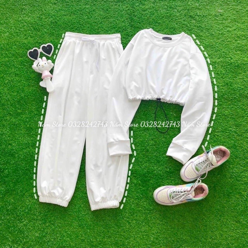 [Mã FATHANG5 giảm 10K đơn 50K] Set thể thao áo croptop tay dài rút dây + quần jogger trơn dài ống bo unisex