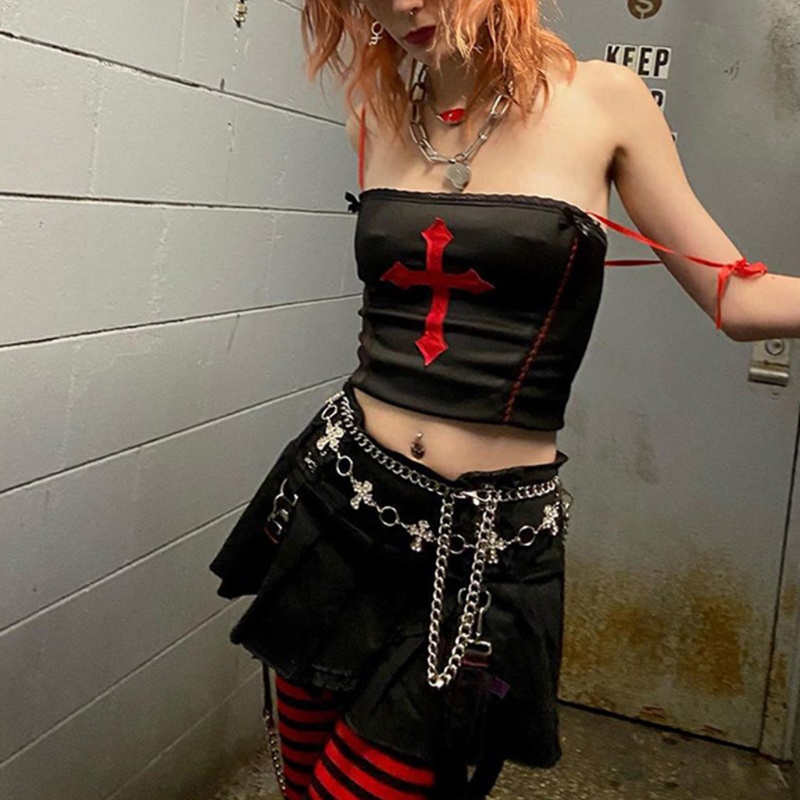 Áo Croptop Hai Dây Dáng Ôm Thêu Chữ Thập Màu Đỏ / Đen Vải Satin Phong Cách Gothic Punk Cho Nữ