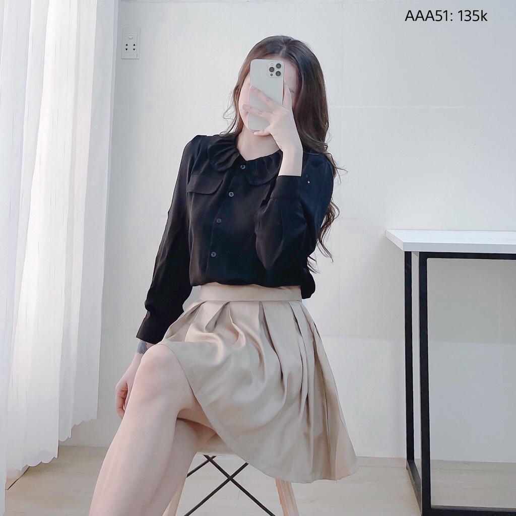 Áo sơmi cổ xếp ly túi nắp công sở form rộng tay dài đẹp Chibest AAA51