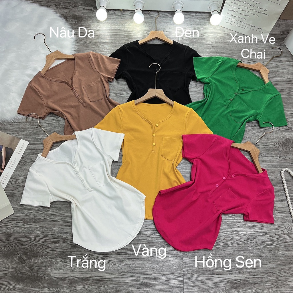 Áo thun body vạt bầu TAY NGẮN cổ V phối túi