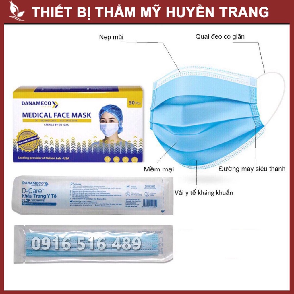Khẩu Trang Y Tế Kháng Khuẩn Đã Tiệt Trùng DANAMECO Chống Bắn Giọt 99% [Hộp 50 chiếc, 1 chiếc/bao nilon]