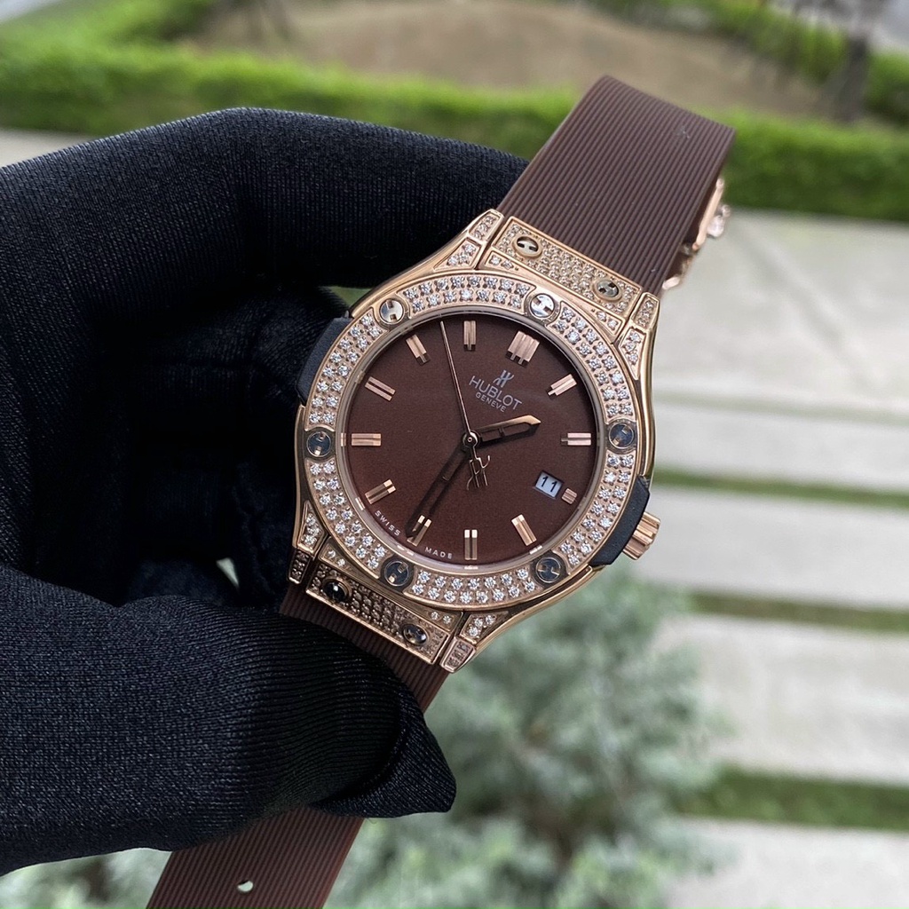 Đồng hồ nữ Hublot BigBang Collection 34mm máy Swissquartz Thụy Sĩ,Full đá, thép không gỉ 316l, dây silicone