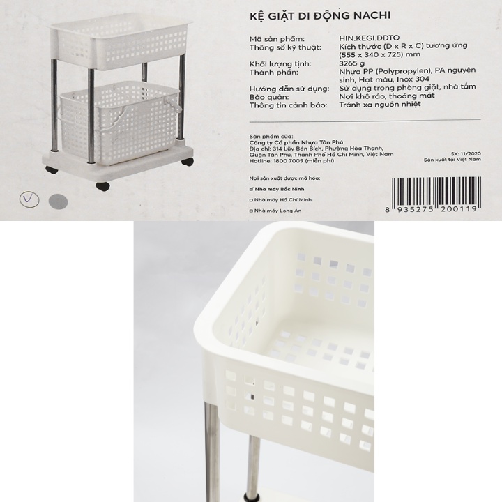 Kệ giặt di động Nachi - kèm giỏ đựng đồ, bánh xe xoay 360 độ chịu lực đến 40kg. không giòn gãy