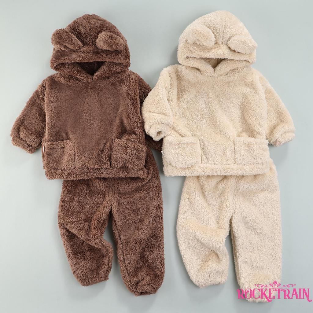 ✭Vg VG Túi xách tay◐Bộ đồ ngủ 2 món gồm áo hoodie tay dài và quần dài hình gấu bông cho bé 1-6 tuổi