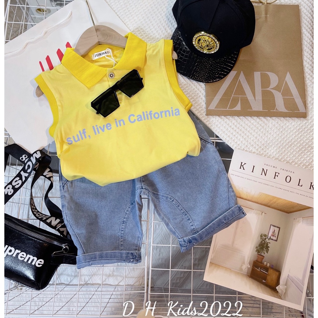 BOT08 - Bộ bé trai, quần jean + áo phông 3 lỗ in hình cá heo cho bé từ 15-35kg