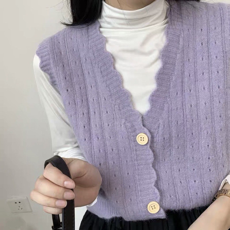 Áo gile len xốp (loại 1) viền lượn sóng cài cúc Ulzzang style Hàng Quảng Châu