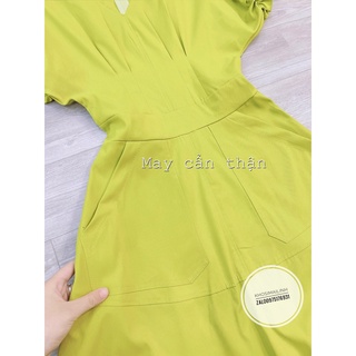 Đầm xanh cốm ly eo có túi hông 2 bên