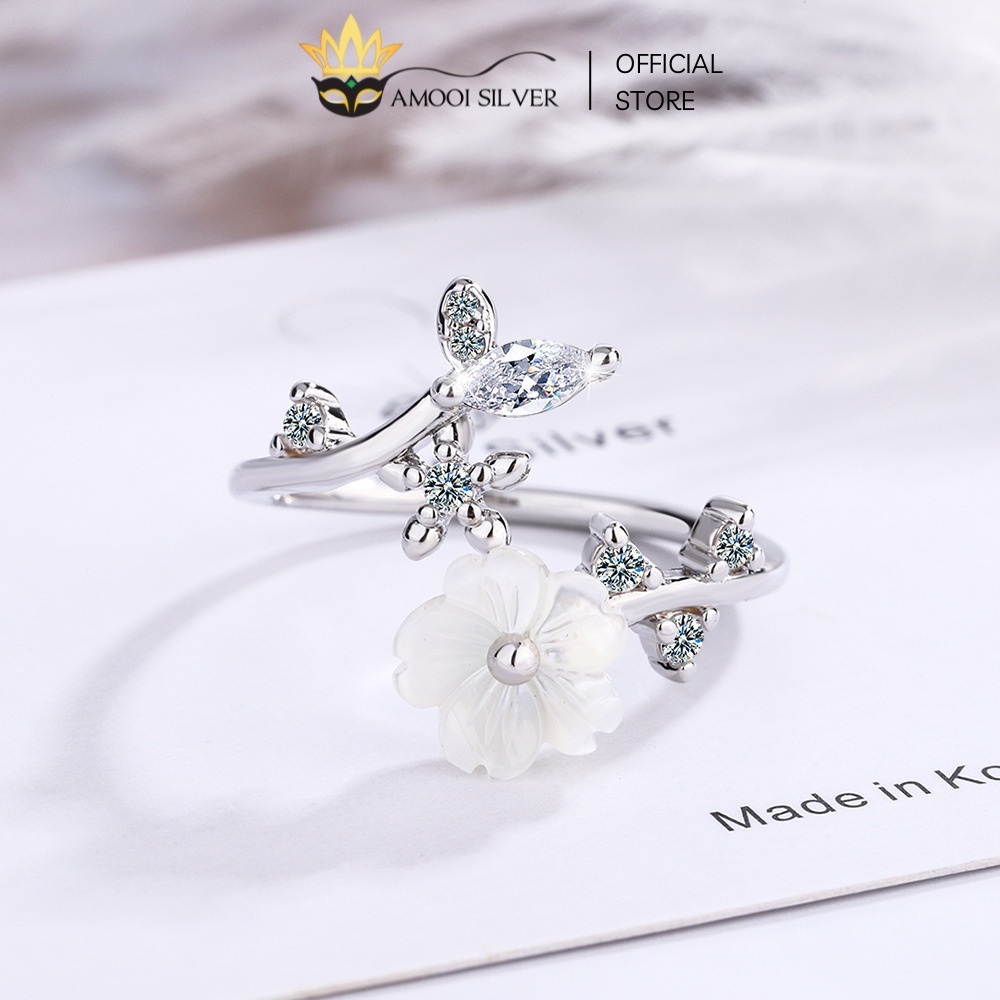 Nhẫn Bạc S925 Dạng Hở Mẫu Hoa Xà Cừ Đính Đá Freesize - Amooi Silver AN75