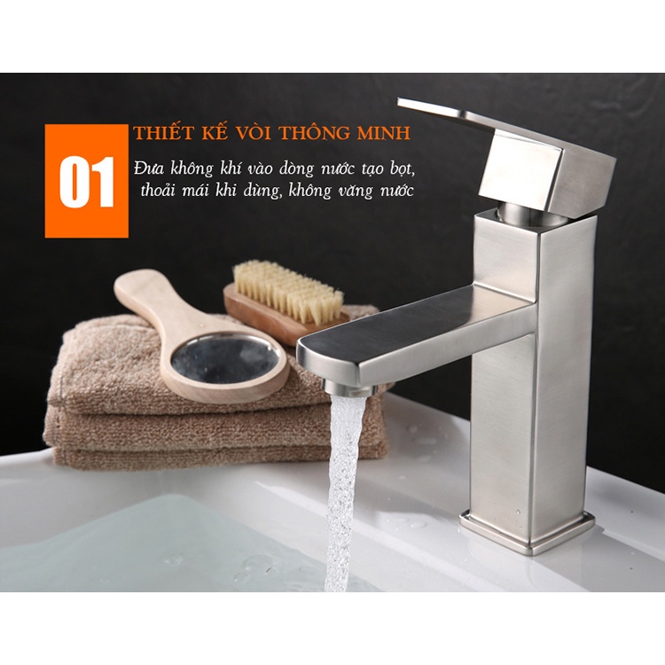 Vòi lavabo nóng lạnh inox 304 trụ vuông 18cm màu trắng mờ đặc trưng của inox phay cao cấp, sang trọng, lịch lãm
