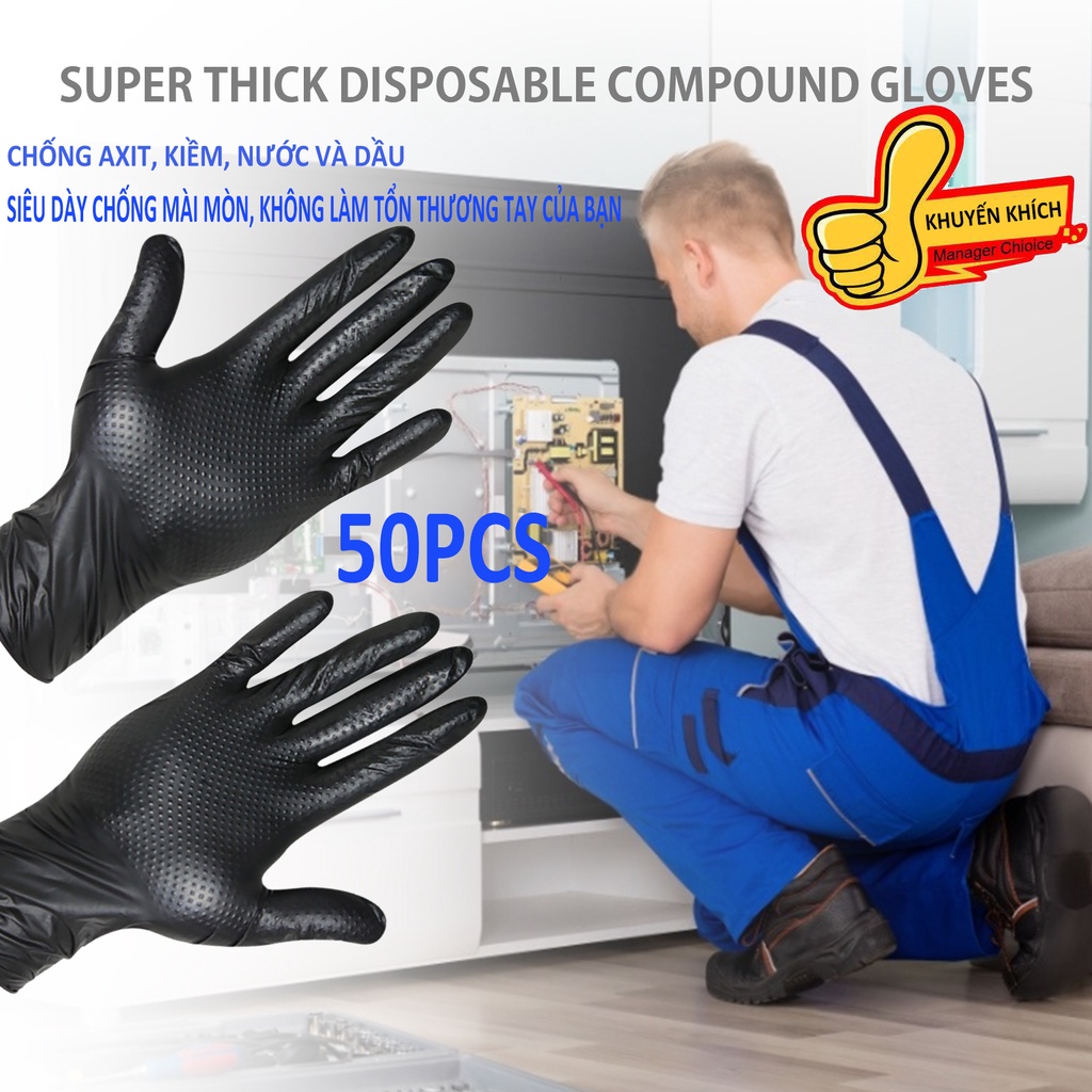 Set 50 găng tay màu đen siêu dày bảo vệ an toàn dùng sửa chữa ô tô