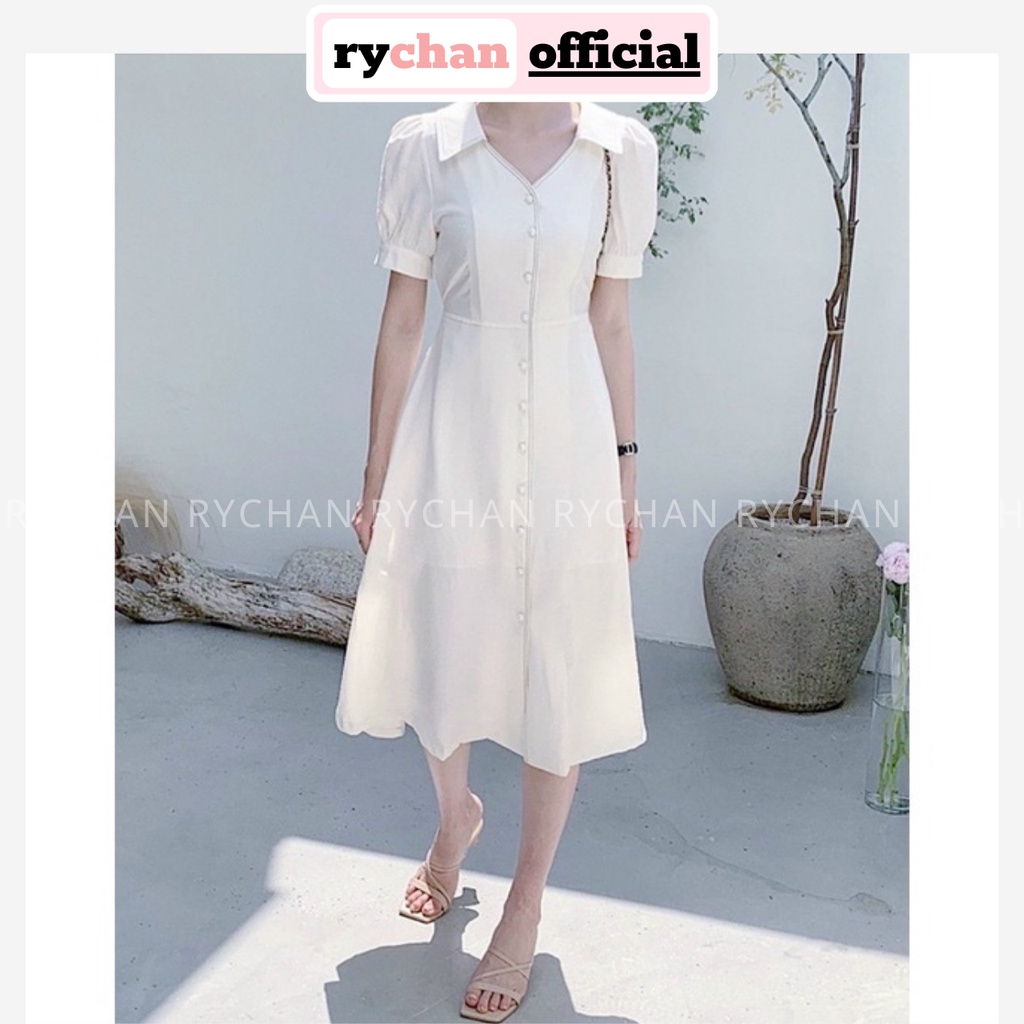 Đầm Nữ Dự Tiệc Sơ Mi Cách Tân Nút Trước Tay Ngắn Phồng Màu Trắng [ẢNH THẬT CUỐI] - DX9799