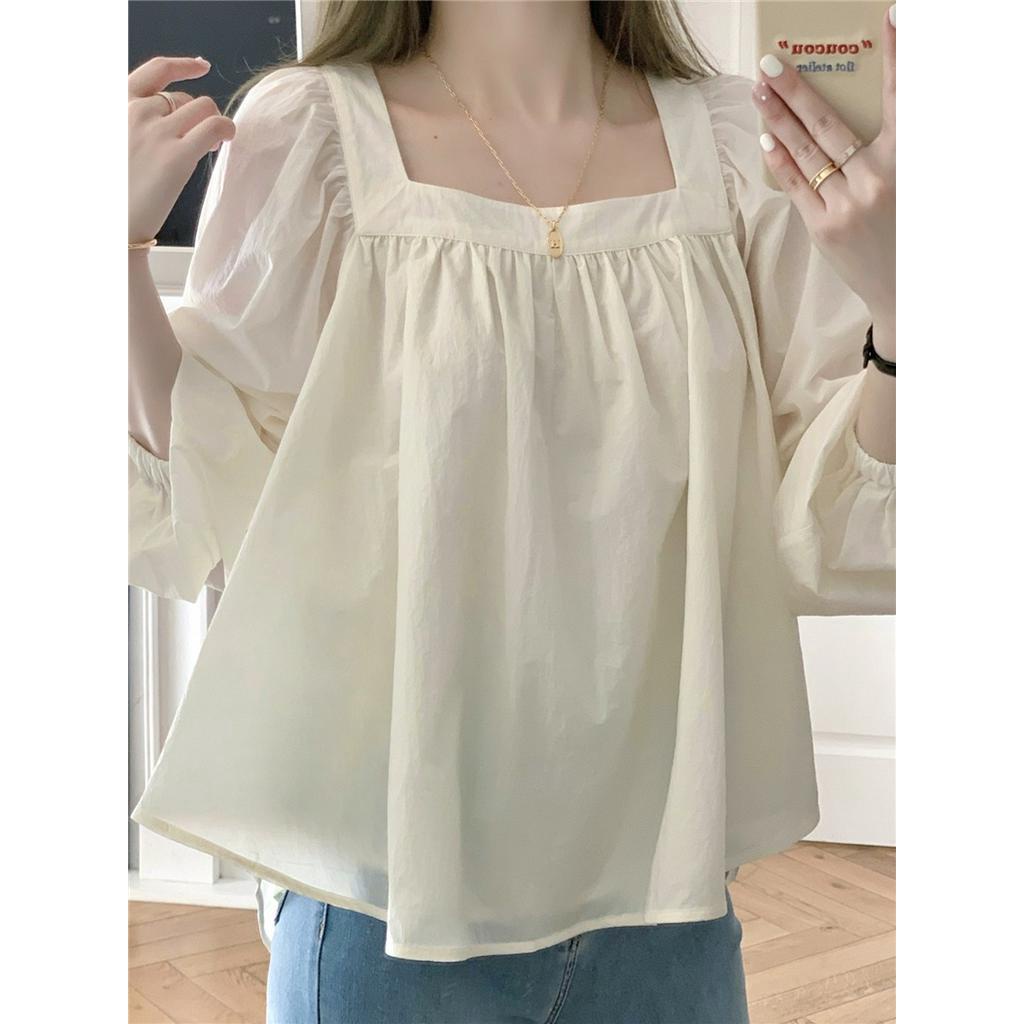 61937 Áo Sơ Mi Cổ Vuông Màu Rắn Rời Mùa Hè