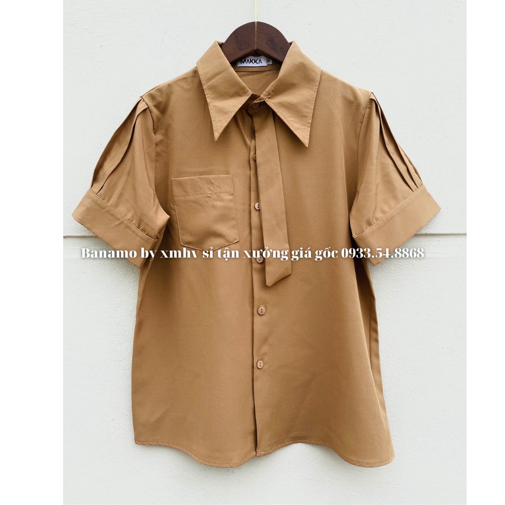 Áo sơ mi nữ cộc tay 3 màu Cavat kết hợp túi, viền tay thời thượng Banamo Fashion sơ mi Cavat 3 màu 3927