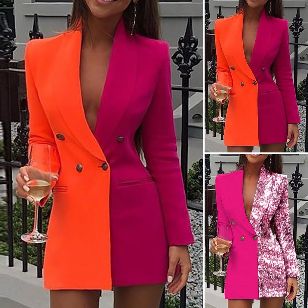 Áo Khoác Blazer Hai Hàng Nút Tay Dài Vừa Vặn Phối Màu Tương Phản Thời Trang Thu Đông