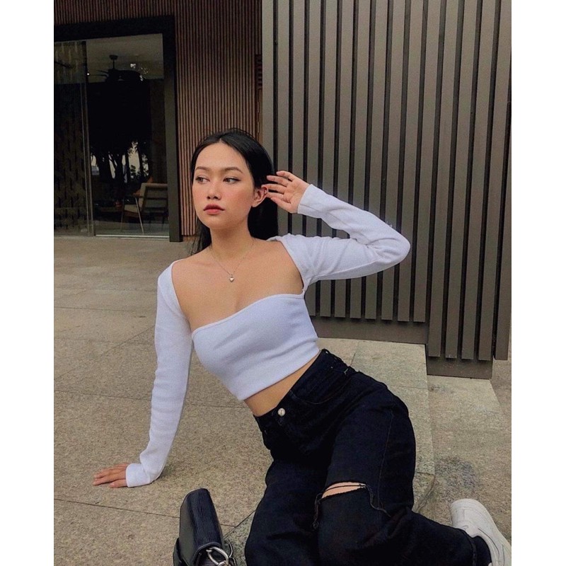 ÁO CROPTOP LEN TĂM CO GIÃN TRẮNG