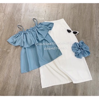 🔥set váy xẻ + áo rớt vai xanh