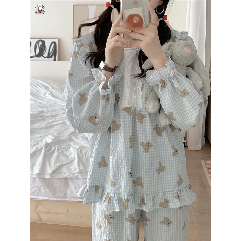 Bộ Đồ Ngủ Dài Tay Dáng Rộng In Hình Gấu Dễ Thương Thời Trang Mùa Xuân Thu Dành Cho Nữ Sinh