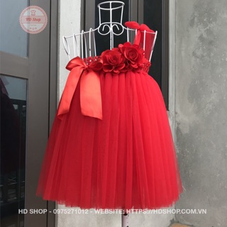 Váy cho bé gái ❤️freeship❤️ váy tu tu đỏ 2 bông hoa hồng nơ