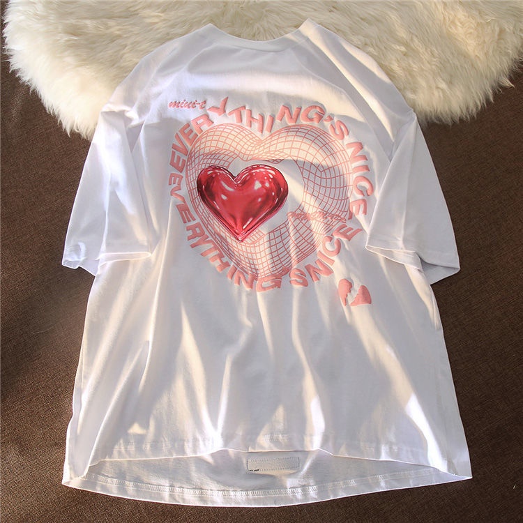 Áo thun COZOKC tay ngắn dáng rộng in hình trái tim thời trang