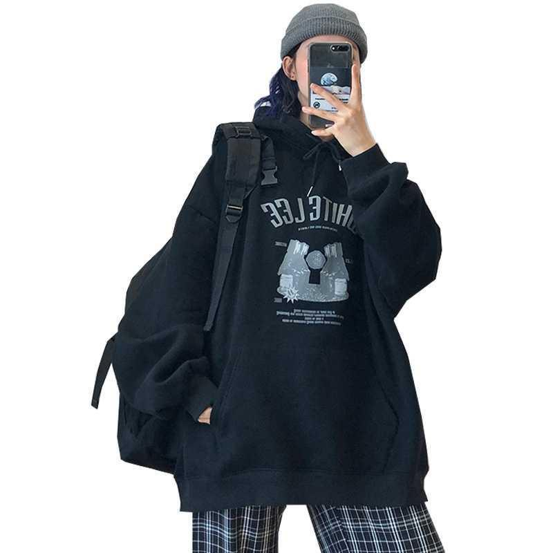 IELGY Áo hoodie tay dài dáng rộng màu đen phong cách Hàn Quốc cổ điển thời trang cho nữ