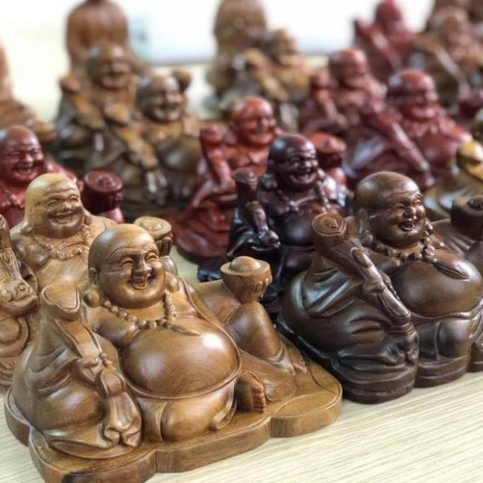 Tượng Gỗ Chạm Khắc Hình Phật Di Lặc Hoan Hỉ Cầm Gậy Như Ý - Để Taplo Bàn Làm Việc