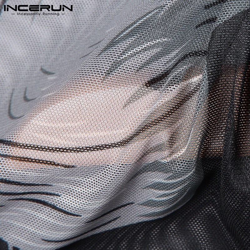 Áo INCERUN tay dài co giãn xuyên thấu ôm dáng in họa tiết thời trang dành cho nam