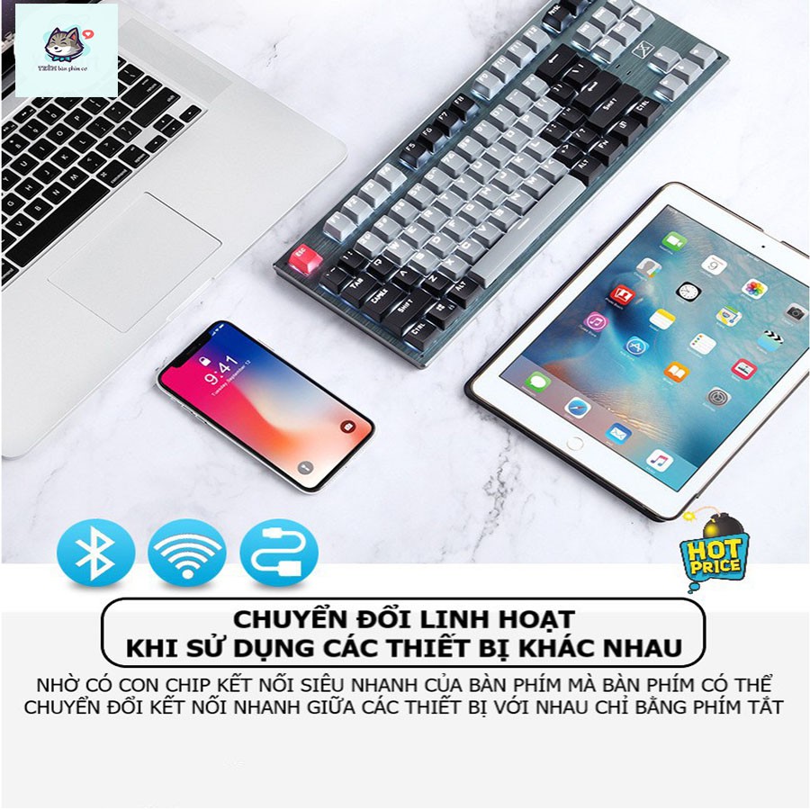 Bàn phím cơ Không Dây Bluetooth Pin Sạc Xinmeng K950 LED đẹp dùng cho  cho máy tính pc laptop, điện thoại, máy tính bảng