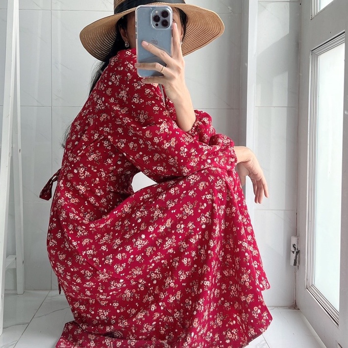 [Ảnh thật] Đầm midi hoa nhí tay dài cột nơ