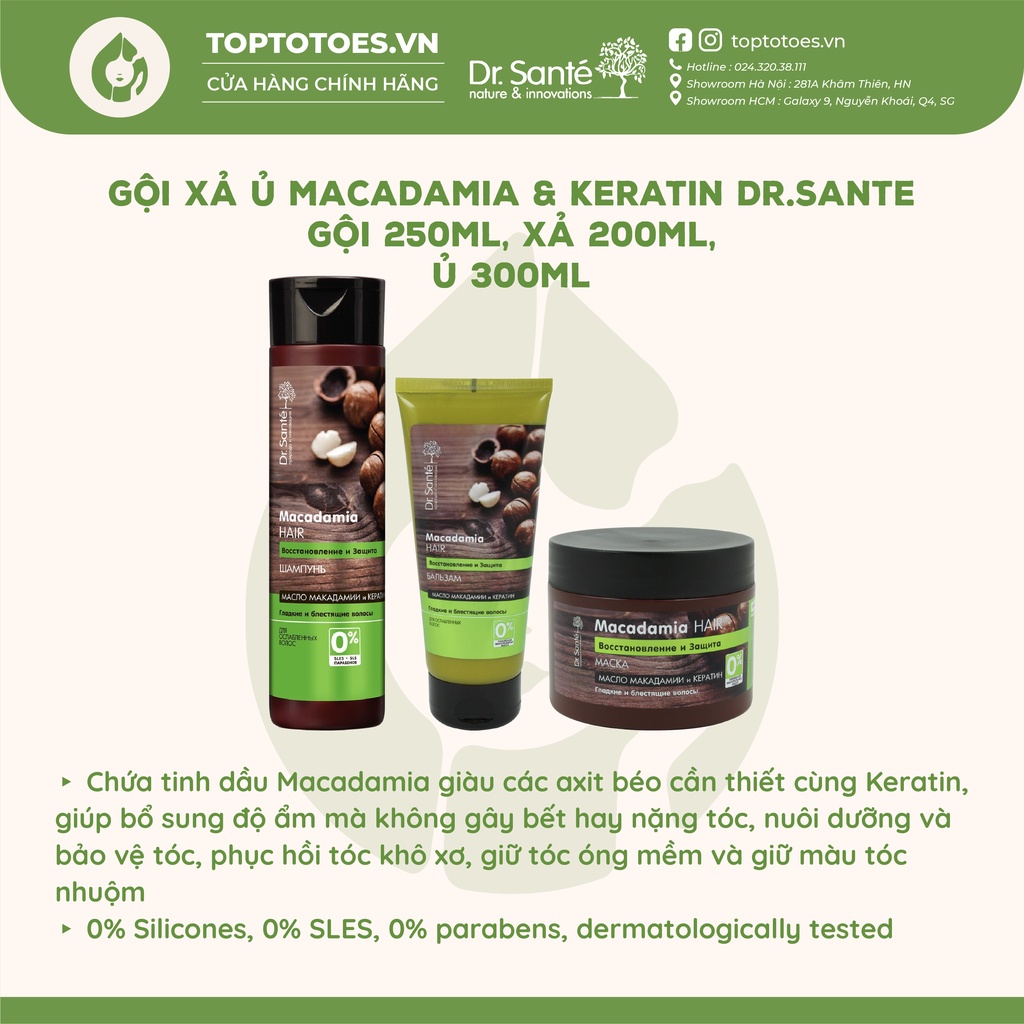 Gội xả ủ Dr.Sante Macadamia & Keratin dưỡng ẩm, phục hồi và bảo vệ tóc, giữ màu tóc nhuộm