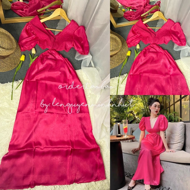 /order taobao/ Đầm Maxi Cổ V Khoét Eo Vải Lụa Nhũ