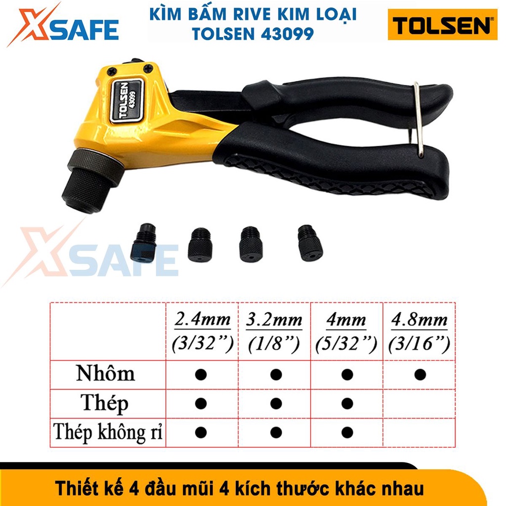 Kìm rút đinh tán Tolsen 43099 190mm Kìm bấm rive kim loại 4 đầu mũi kích thước khác nhau, hợp kim thép cứng cáp [XSAFE]