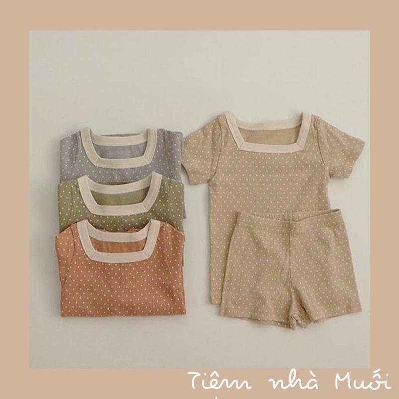 Bộ cộc cotton thun gân chấm bi cổ vuông phong cách siêu Hàn xinh yêu cho bé diện Hè